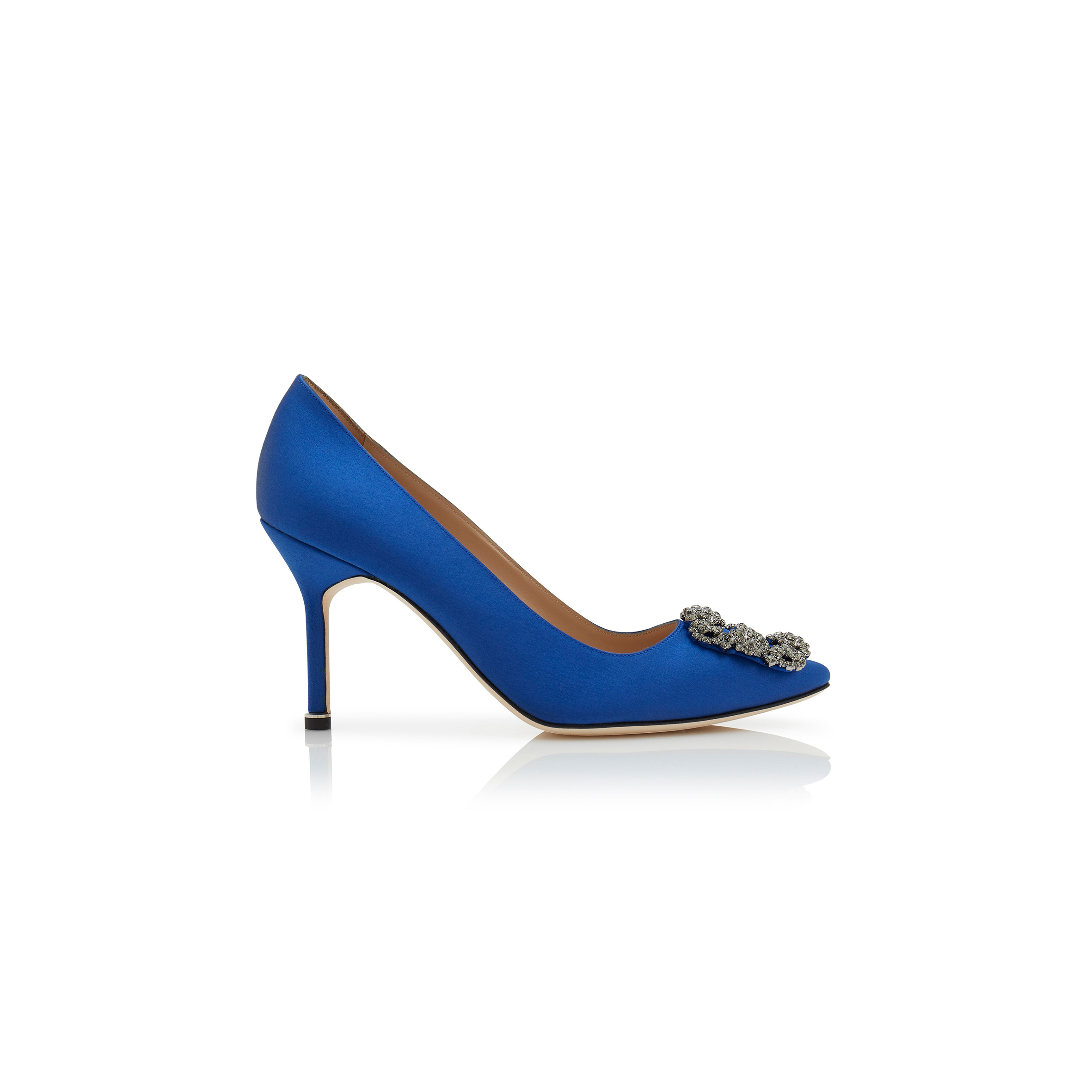 MANOLO BLAHNIK HANGISI 90 BLUE SATIN JEWEL BUCKLE PUMPS 9XX-0663-0048